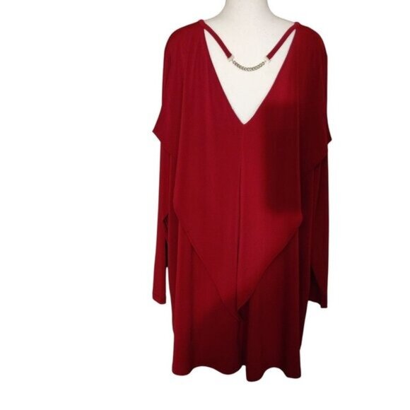 Kate & Mallory Burgundy V-Neck Cold Shoulder Tunic Top With Chain Detail 3X Poly - Picture 4 of 7